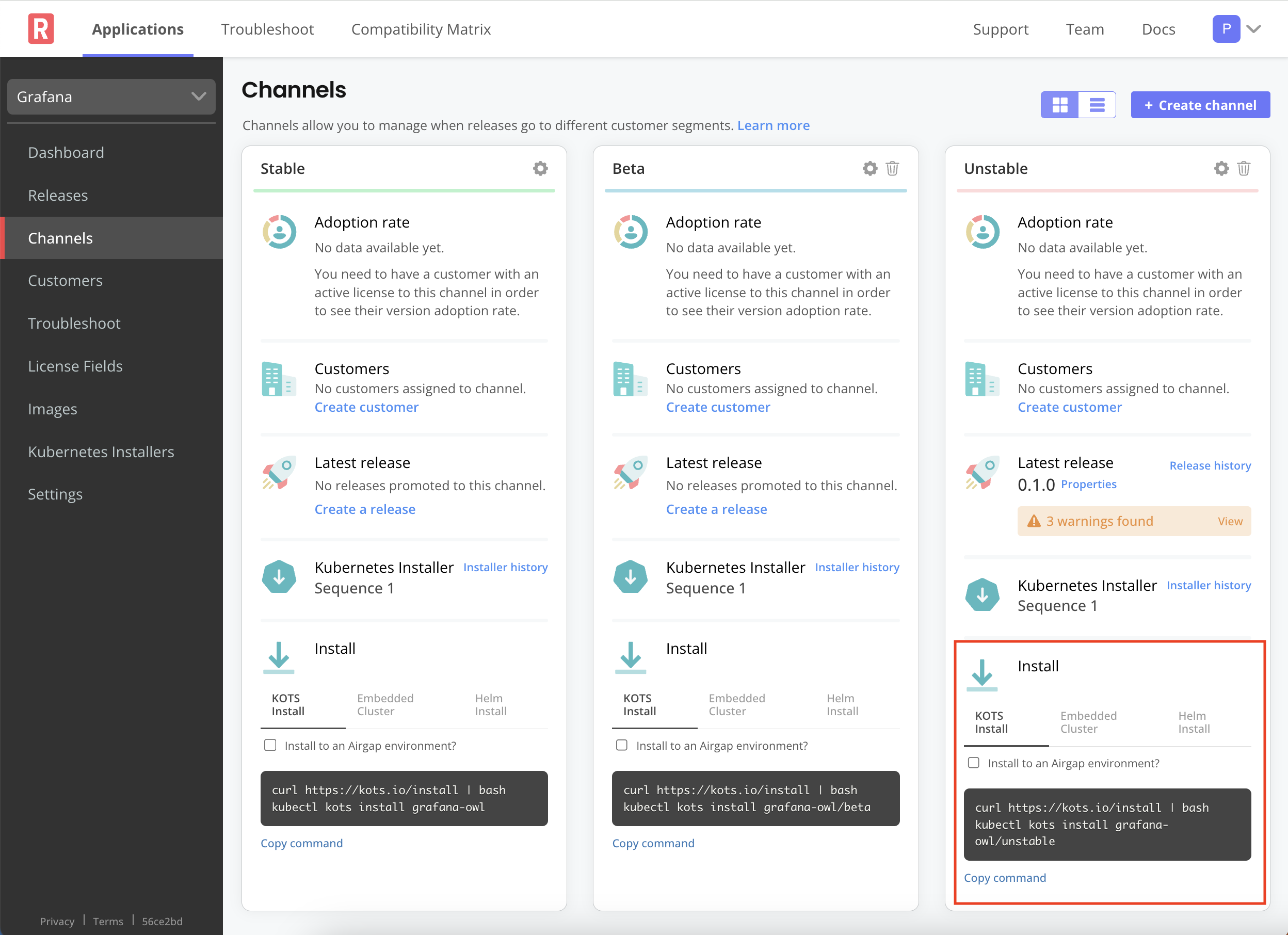 KOTS Install tab on the Unstable channel card
