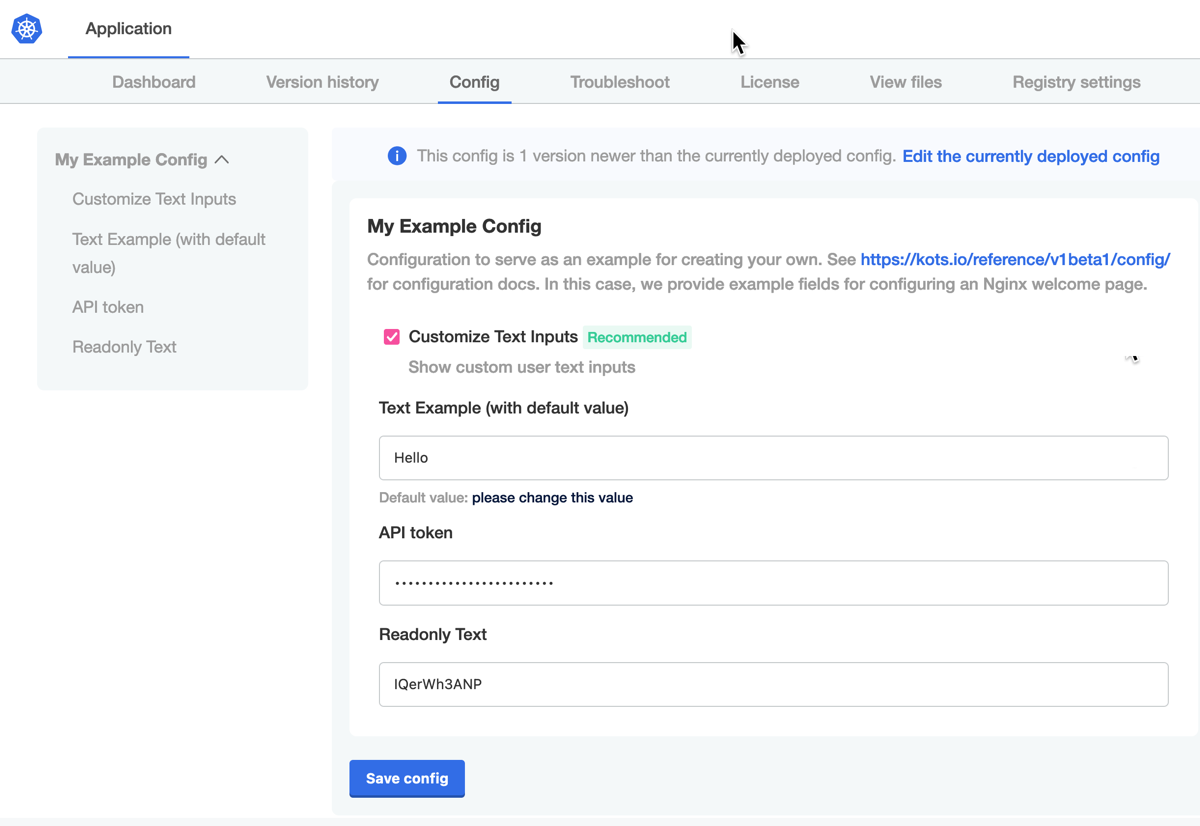 Admin Console configuration tab